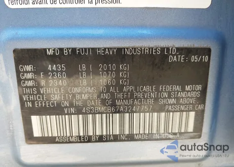 2010 Subaru Legacy 2.5I Premium from USA, damaged, VIN 4S3BMCB67A3247757